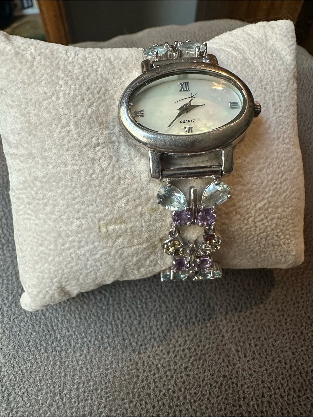 Sterling Silver Women's Bracelet Watch with Pastel Gem Accents
